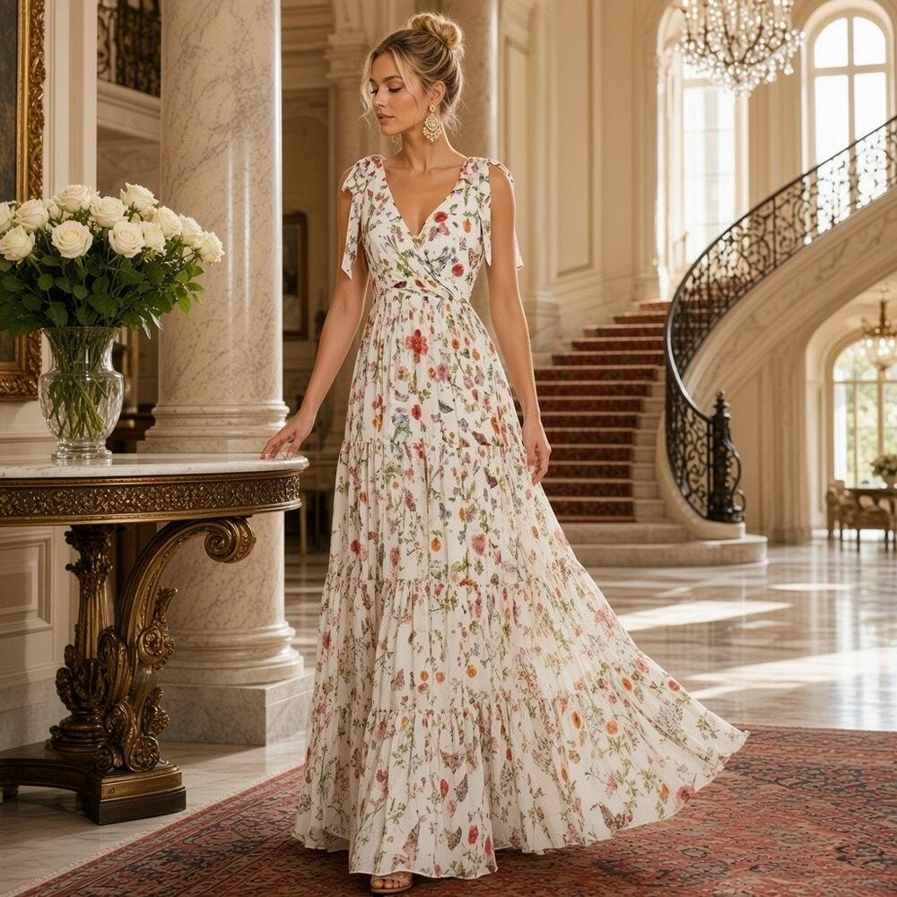 IEENA by Mac Duggal Maxi White Floral Dress 70198 WMU, Size 2, NWT